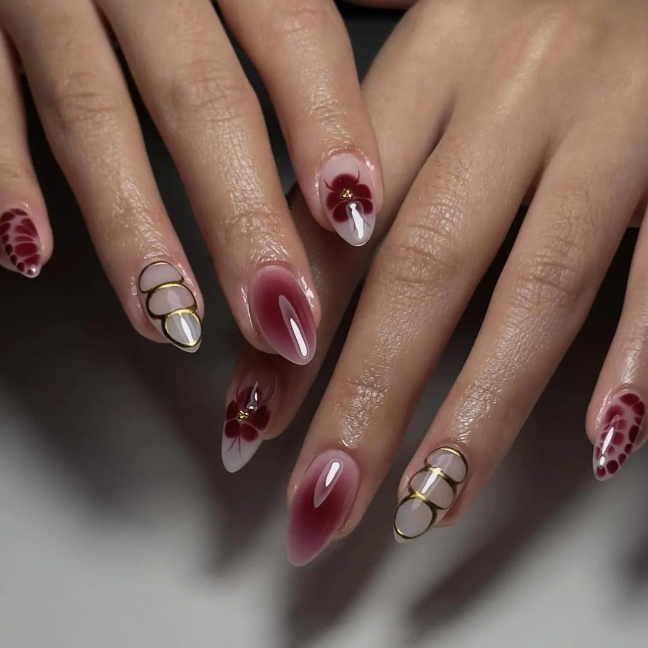 24pcs Pink Almond Press on Nails Flower Pattern