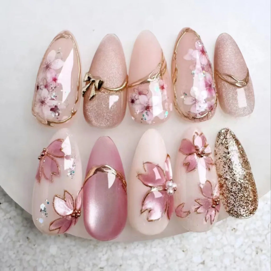 24pcs Pink Almond Press on Nails Flower Pattern