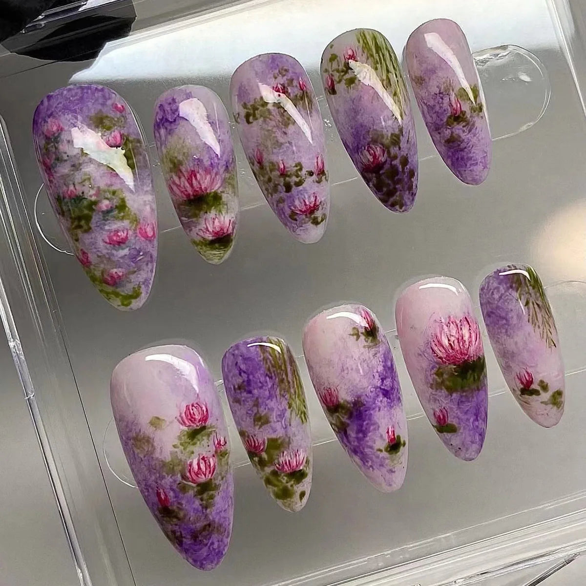 24pcs Pink Almond Press on Nails Flower Pattern