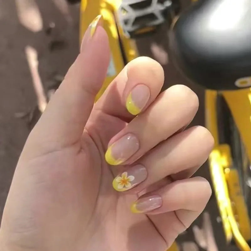 24pcs Pink Almond Press on Nails Flower Pattern