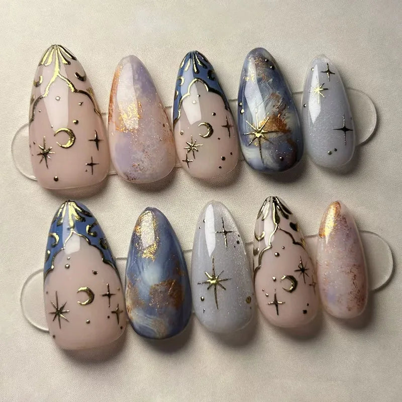 24pcs Pink Almond Press on Nails Flower Pattern