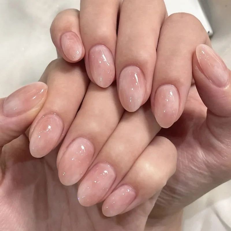 24pcs Pink Almond Press on Nails Flower Pattern