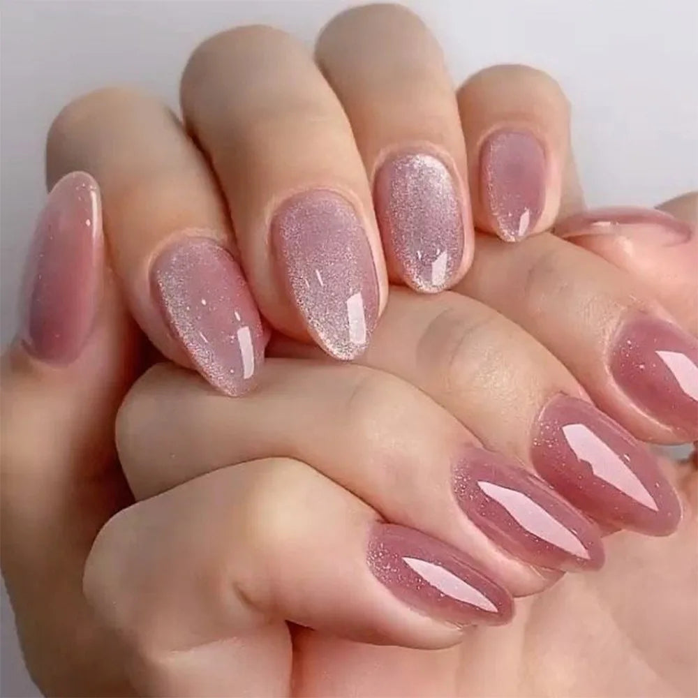 24pcs Pink Almond Press on Nails Flower Pattern