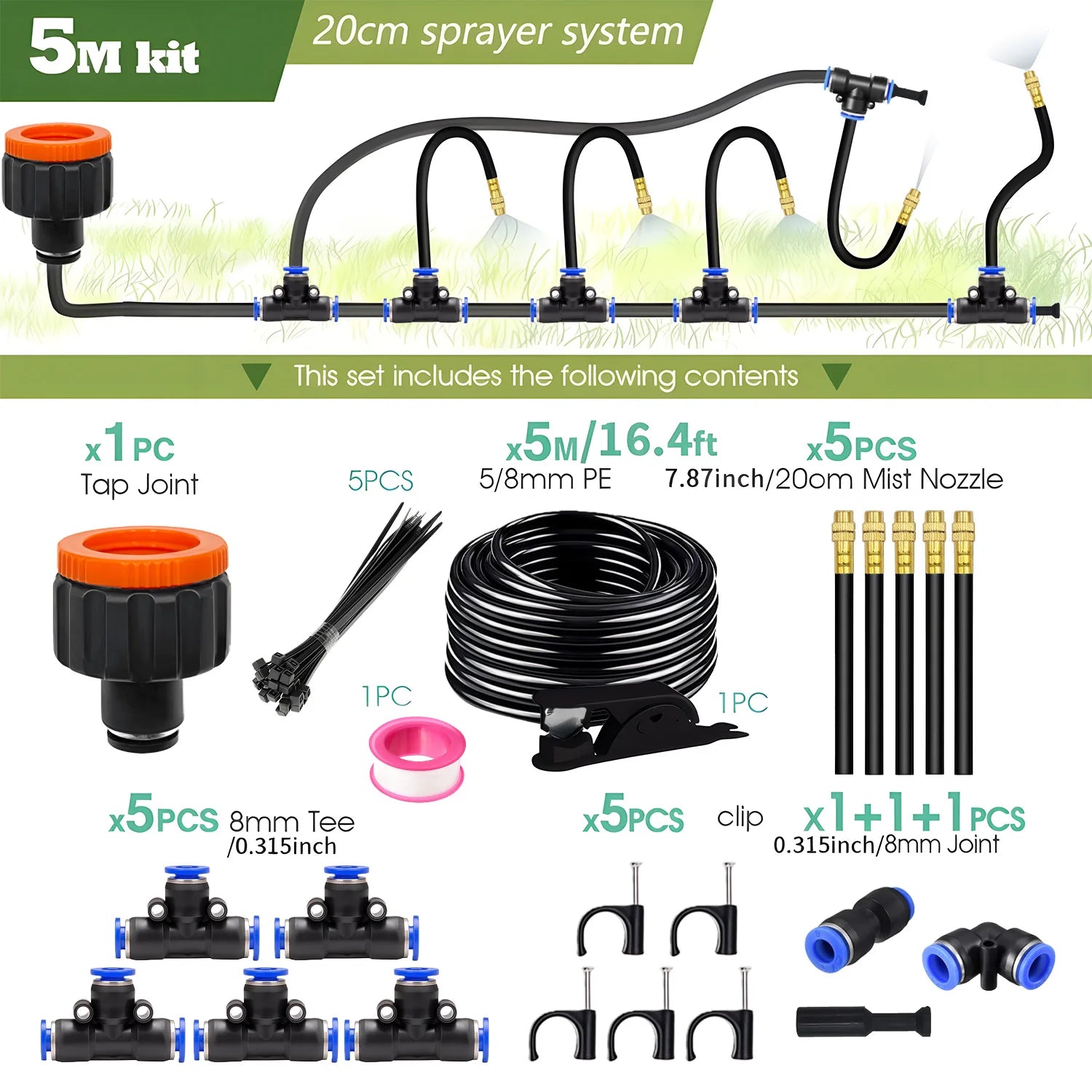 30M-5M Bending Universal Sprayer Kit 8mm Hose System Irrigation