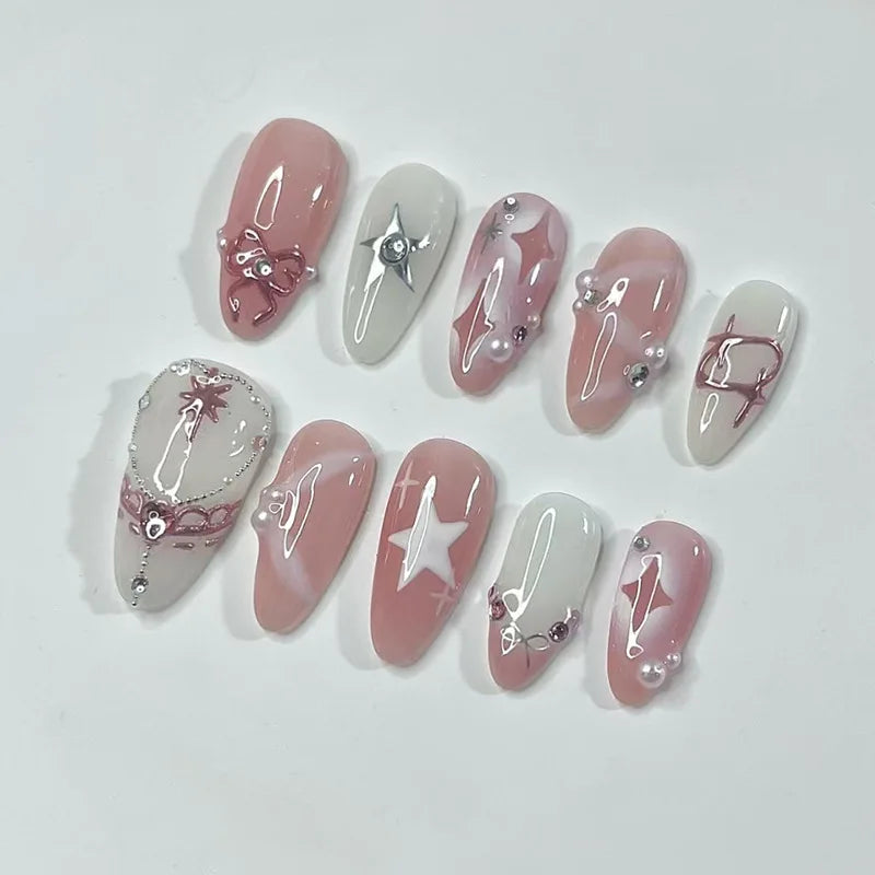 24pcs Pink Almond Press on Nails Flower Pattern