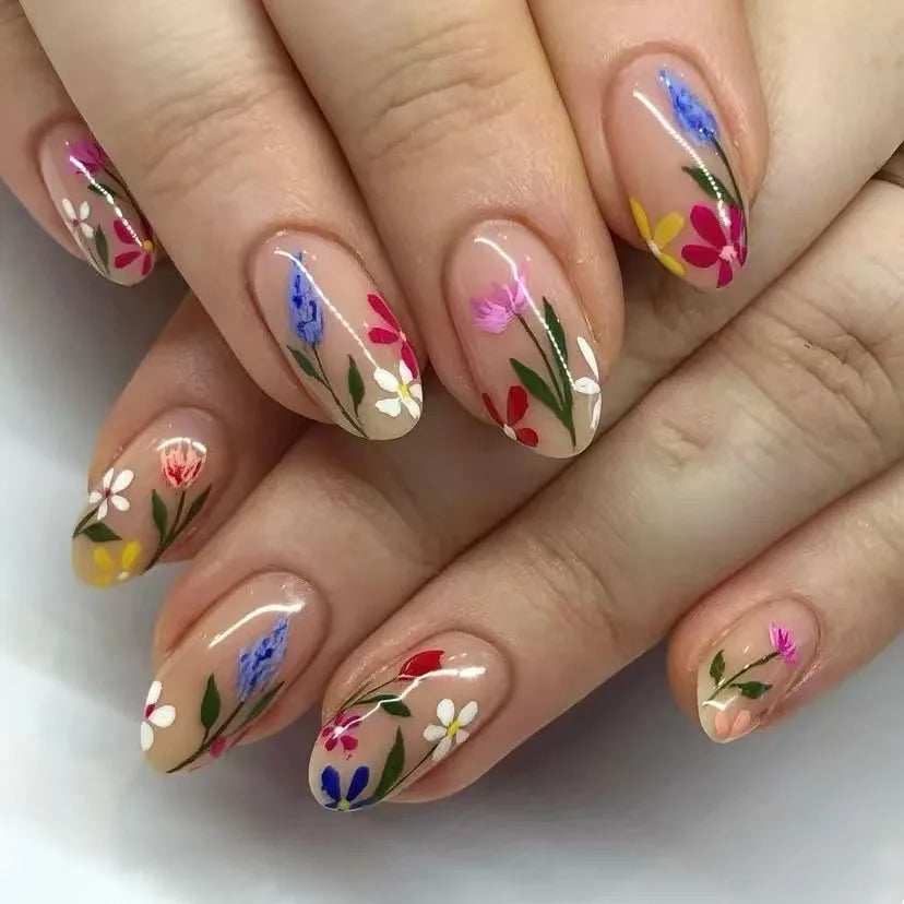 24pcs Pink Almond Press on Nails Flower Pattern