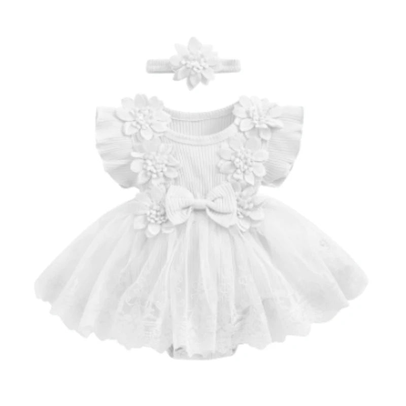 3D Flower Romper Princess Mesh Ruffle Dress & Headband