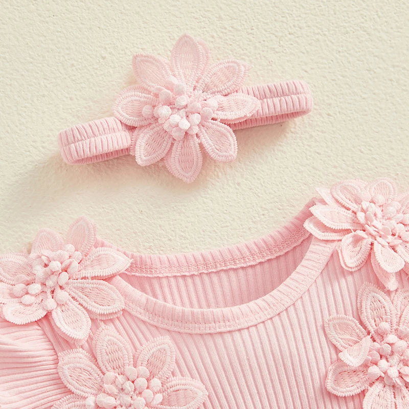 3D Flower Romper Princess Mesh Ruffle Dress & Headband