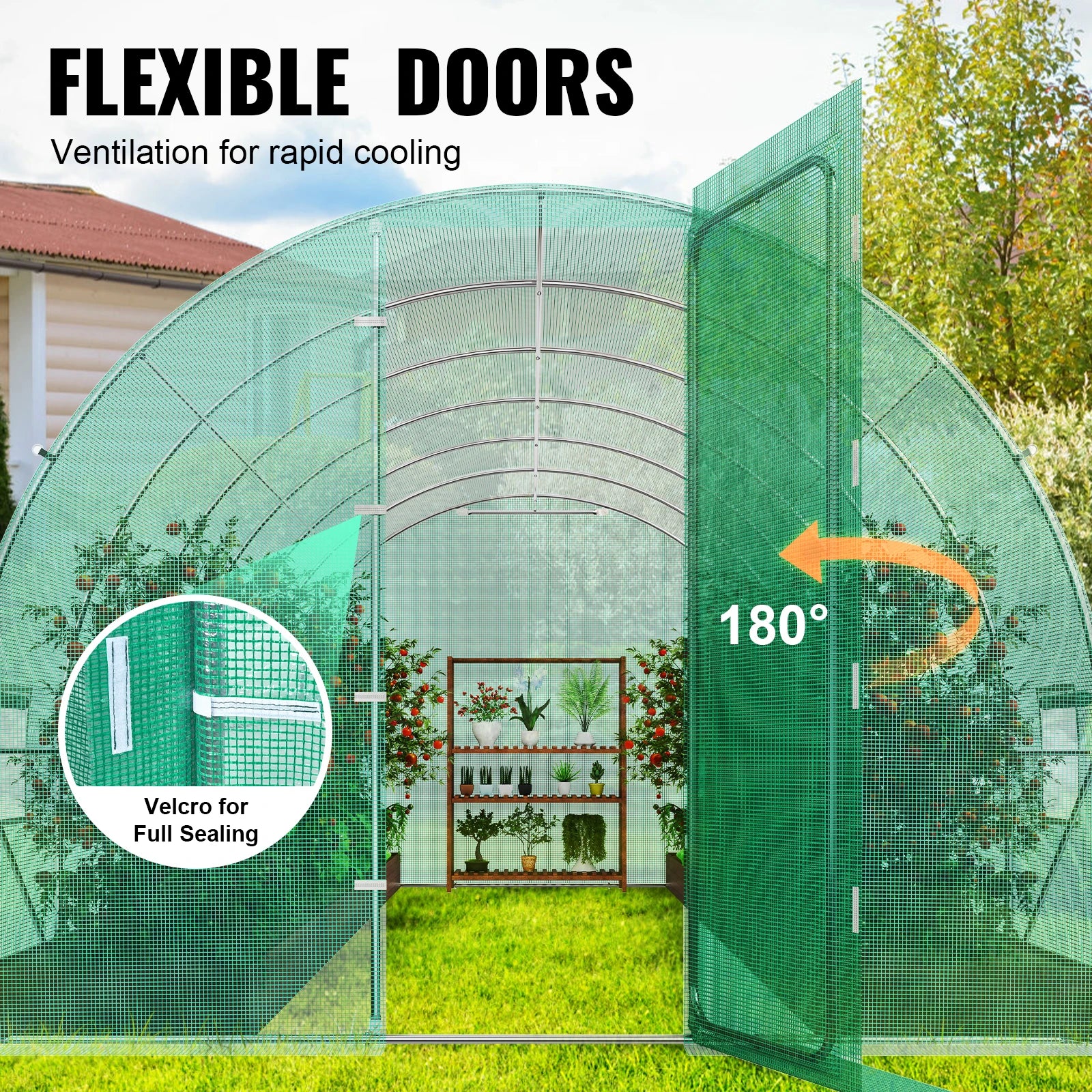 Green greenhouse with flexible doors, ventilation for rapid cooling, and Velcro sealing feature.