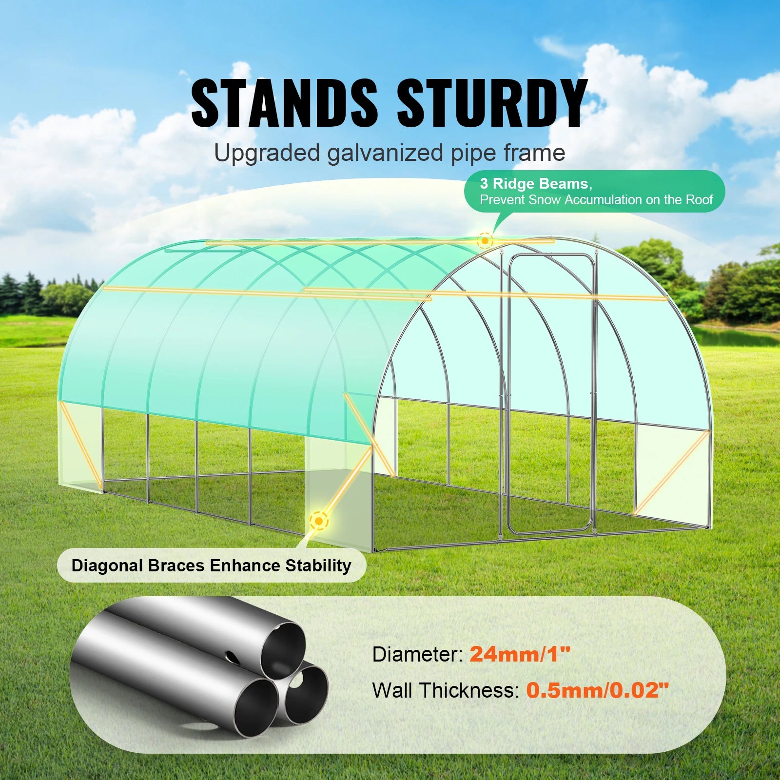 Greenhouse with galvanized metal frame and pvc roof on grassy field
