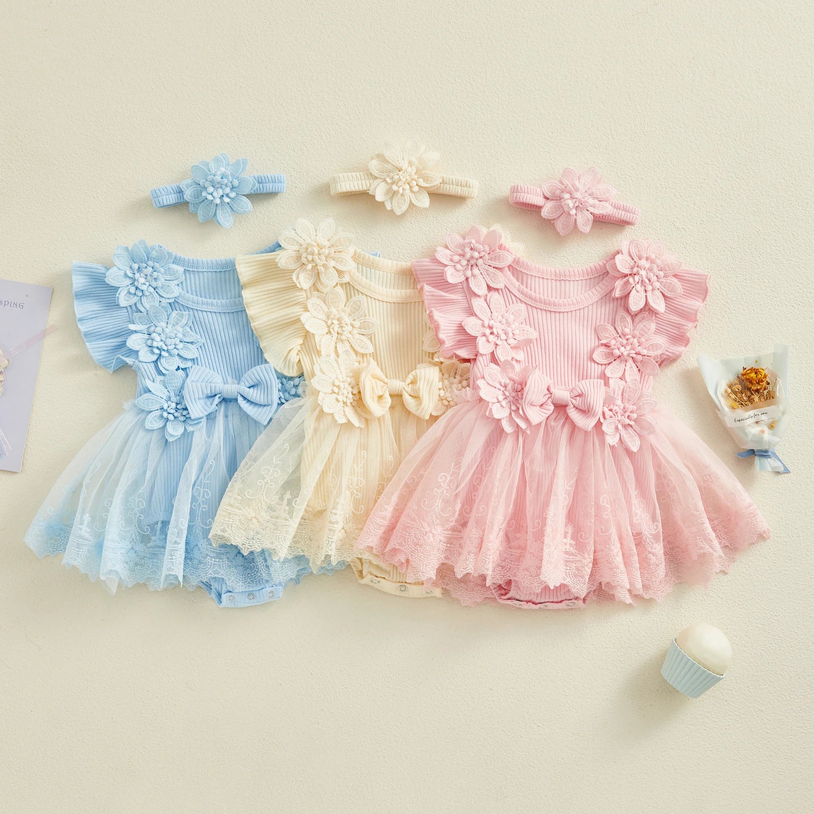 3D Flower Romper Princess Mesh Ruffle Dress & Headband