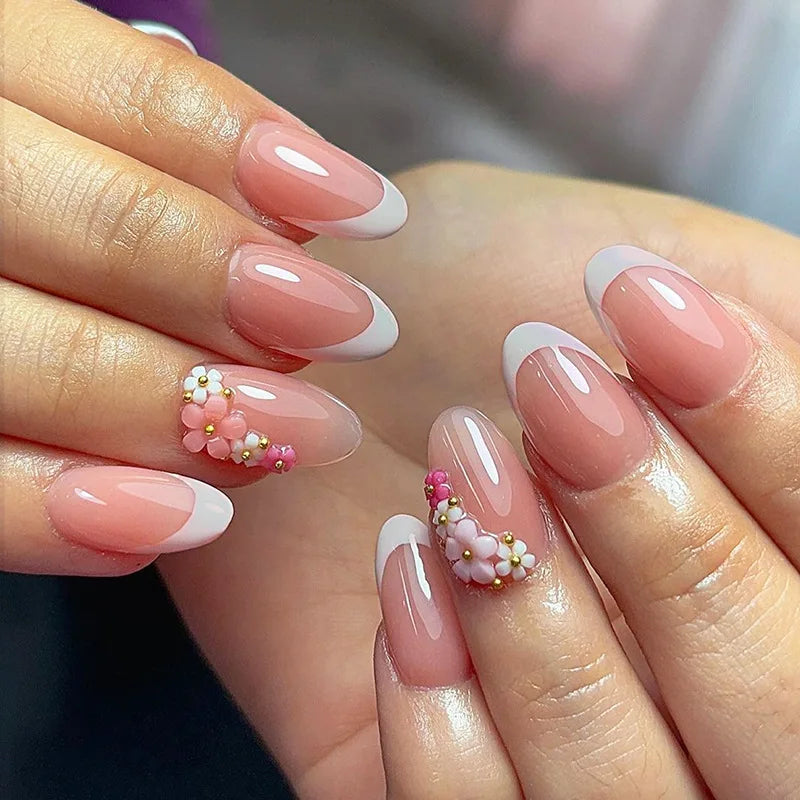 24pcs Pink Almond Press on Nails Flower Pattern