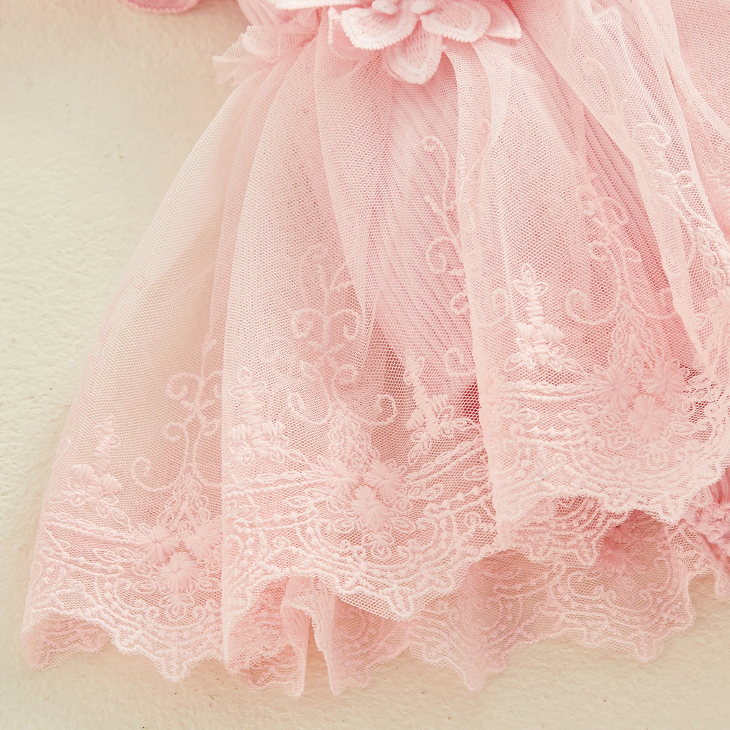 3D Flower Romper Princess Mesh Ruffle Dress & Headband