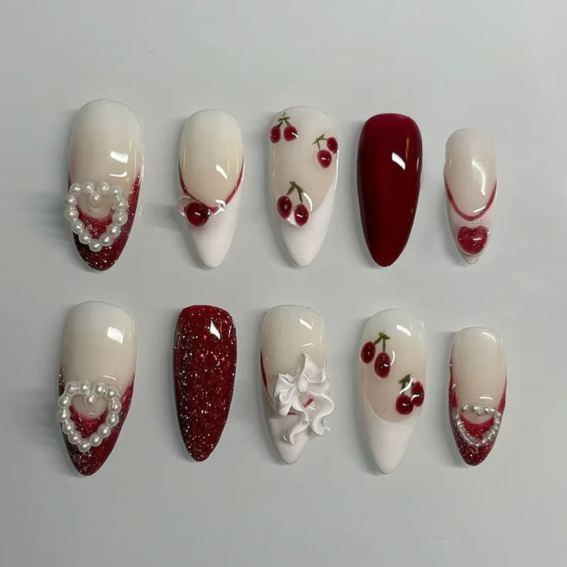 Press on Nails Strawberry Bow Design Nails