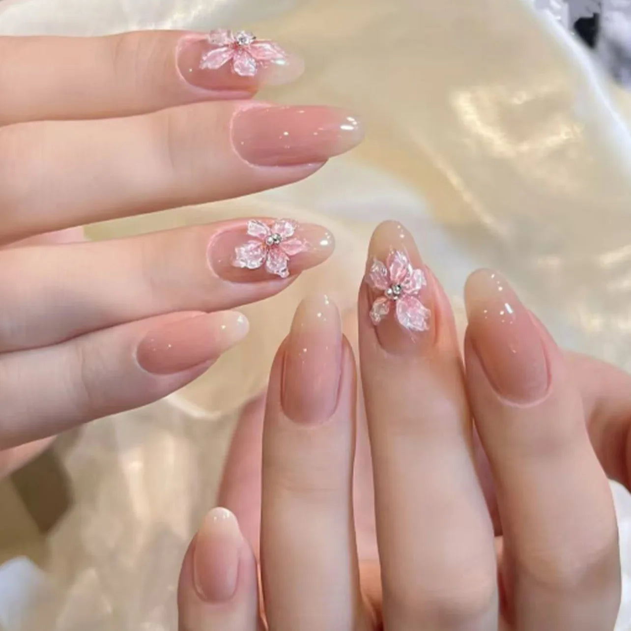 24pcs Pink Almond Press on Nails Flower Pattern