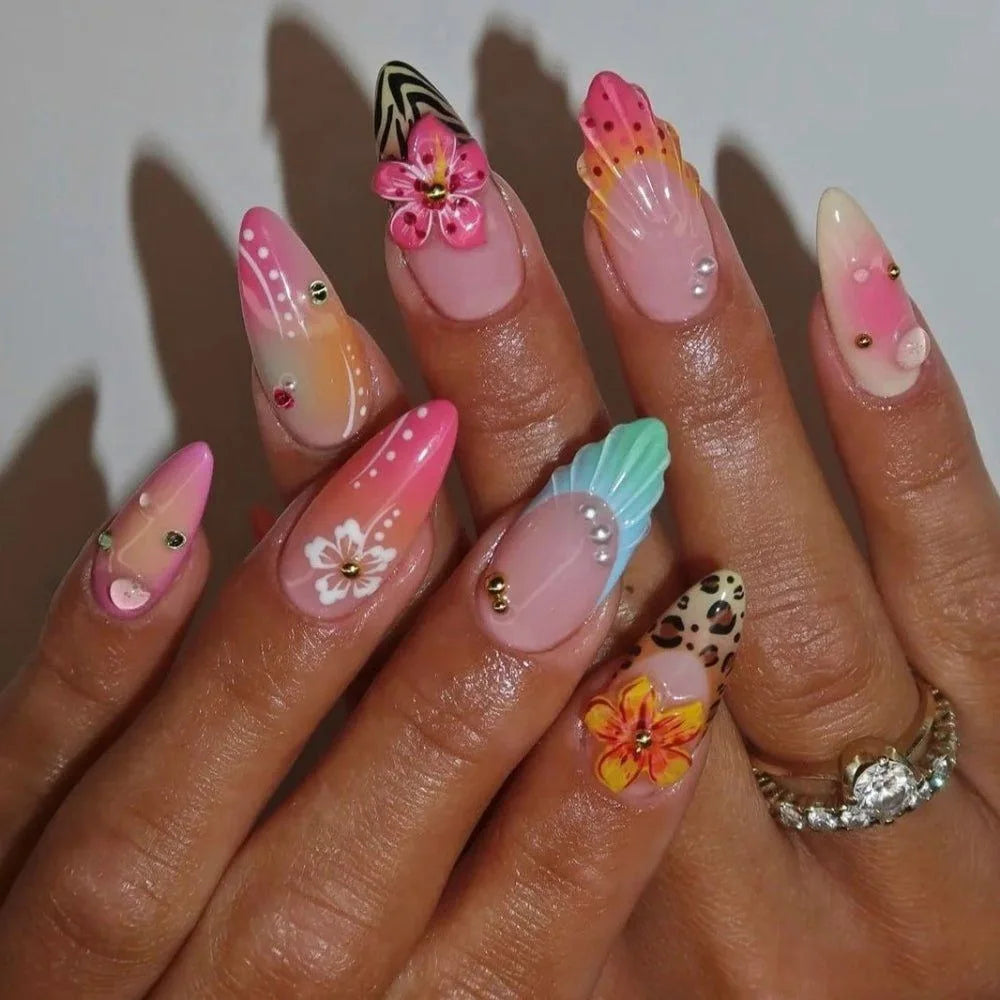 24pcs Pink Almond Press on Nails Flower Pattern