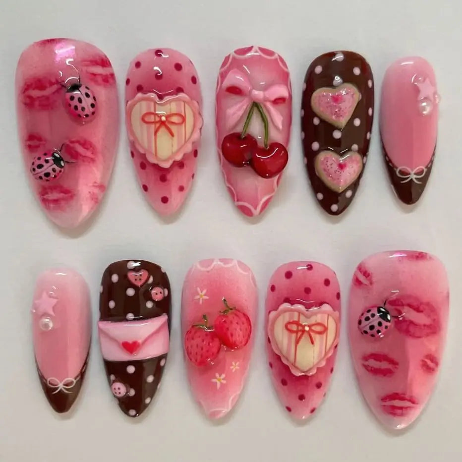 Press on Nails Strawberry Bow Design Nails