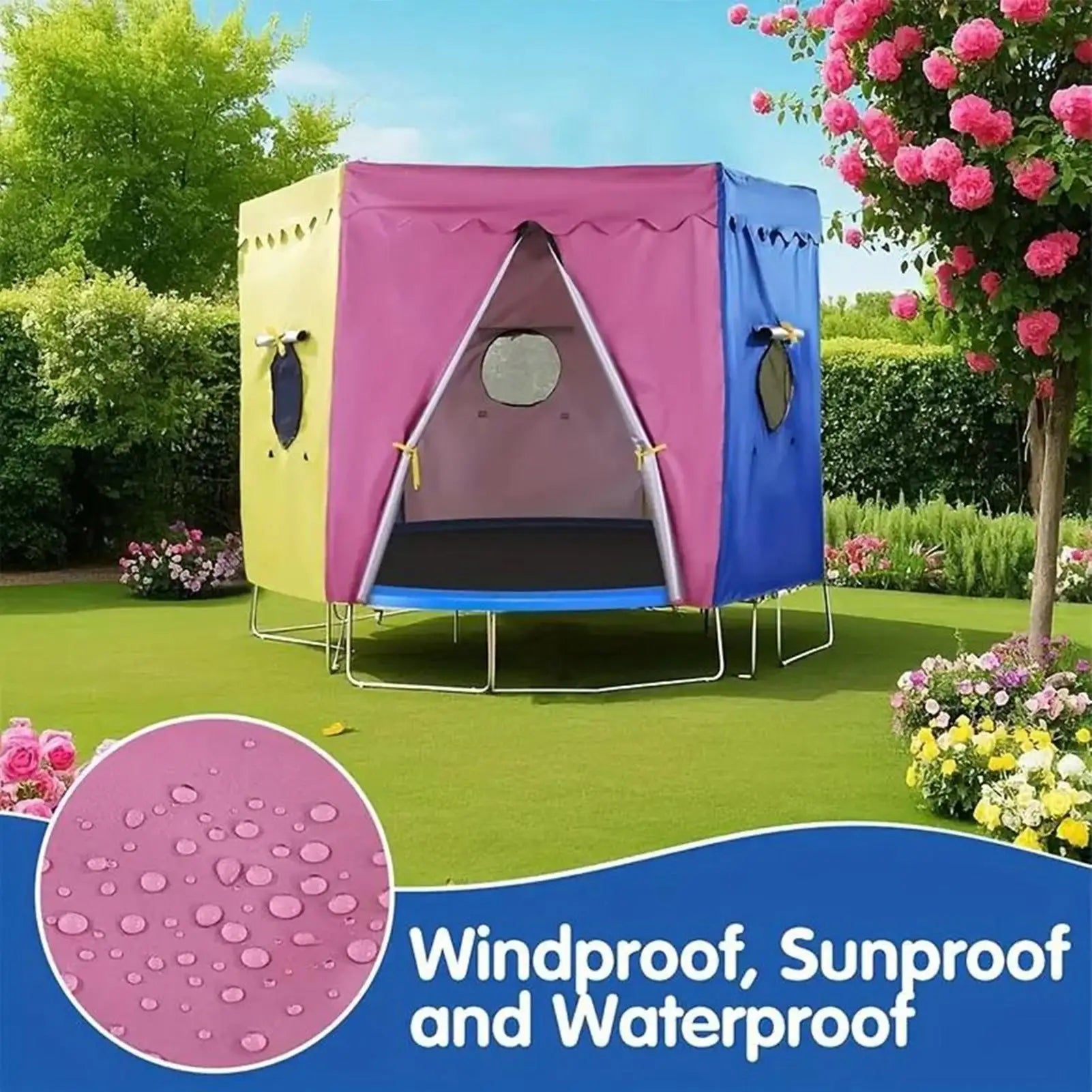 Colorful trampoline with a tent-like structure in a garden setting, featuring text about weather resistance.