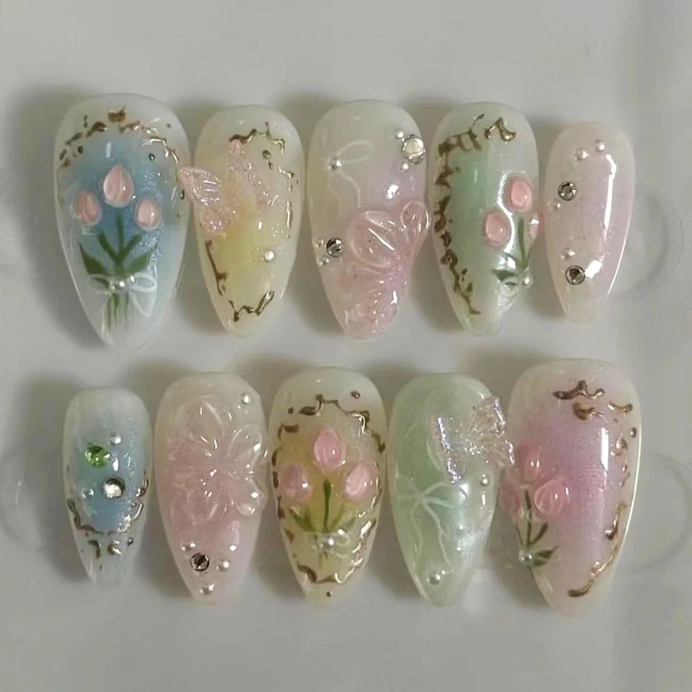 24pcs Pink Almond Press on Nails Flower Pattern