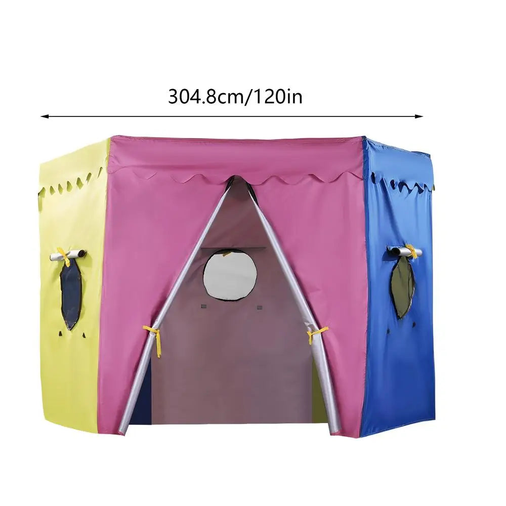 Colorful children's play tent with dimensions indicated on a white background 304.8cm/120in BY 187cm/74in