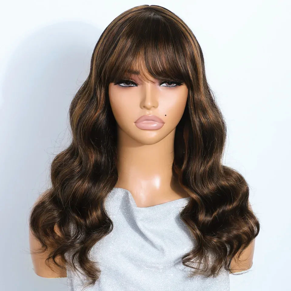 180D Highlight Body Wave Human Hair Wig With Bangs