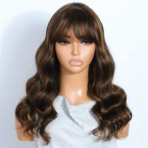 180D Highlight Body Wave Human Hair Wig With Bangs