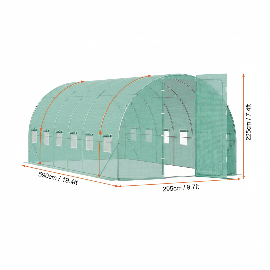 Green greenhouse with dimensions and feature list on a white background