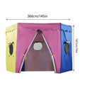 Colorful children's play tent with dimensions indicated on a white background 366cm/145in BY 187cm/74in