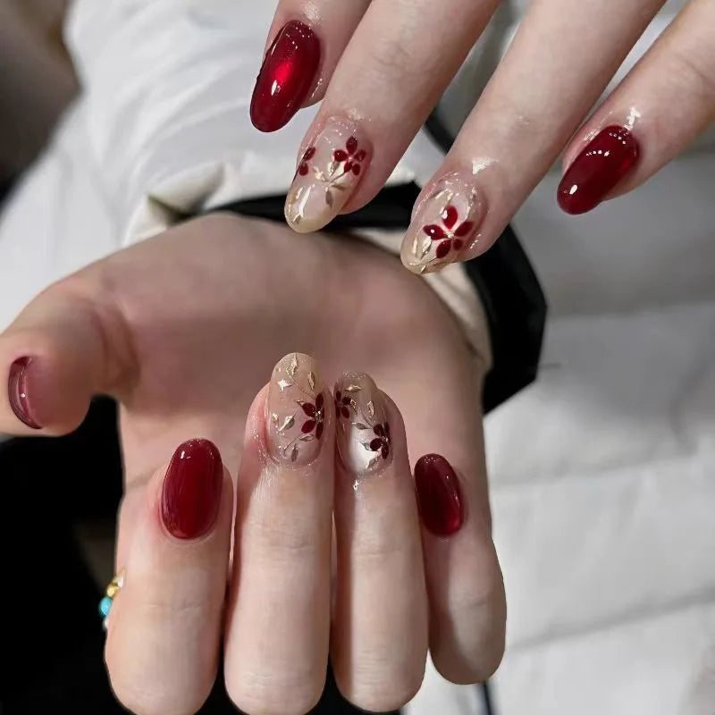 24pcs Pink Almond Press on Nails Flower Pattern