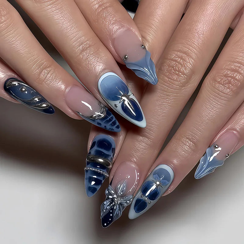 24pcs Pink Almond Press on Nails Flower Pattern